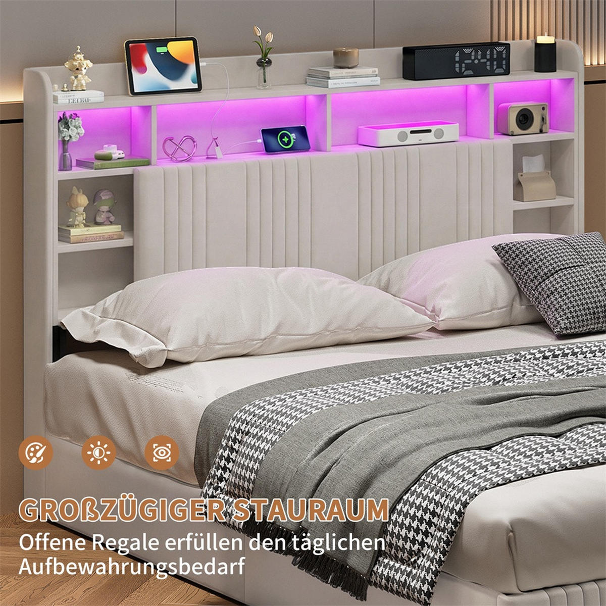POLSTERBETT 140x200 cm mit LED-Beleuchtung - Kopfteil-Stauraum, Ladestation und hydraulischem Stauraum - Beige - Beige, Textil (140/200cm) - DELFA