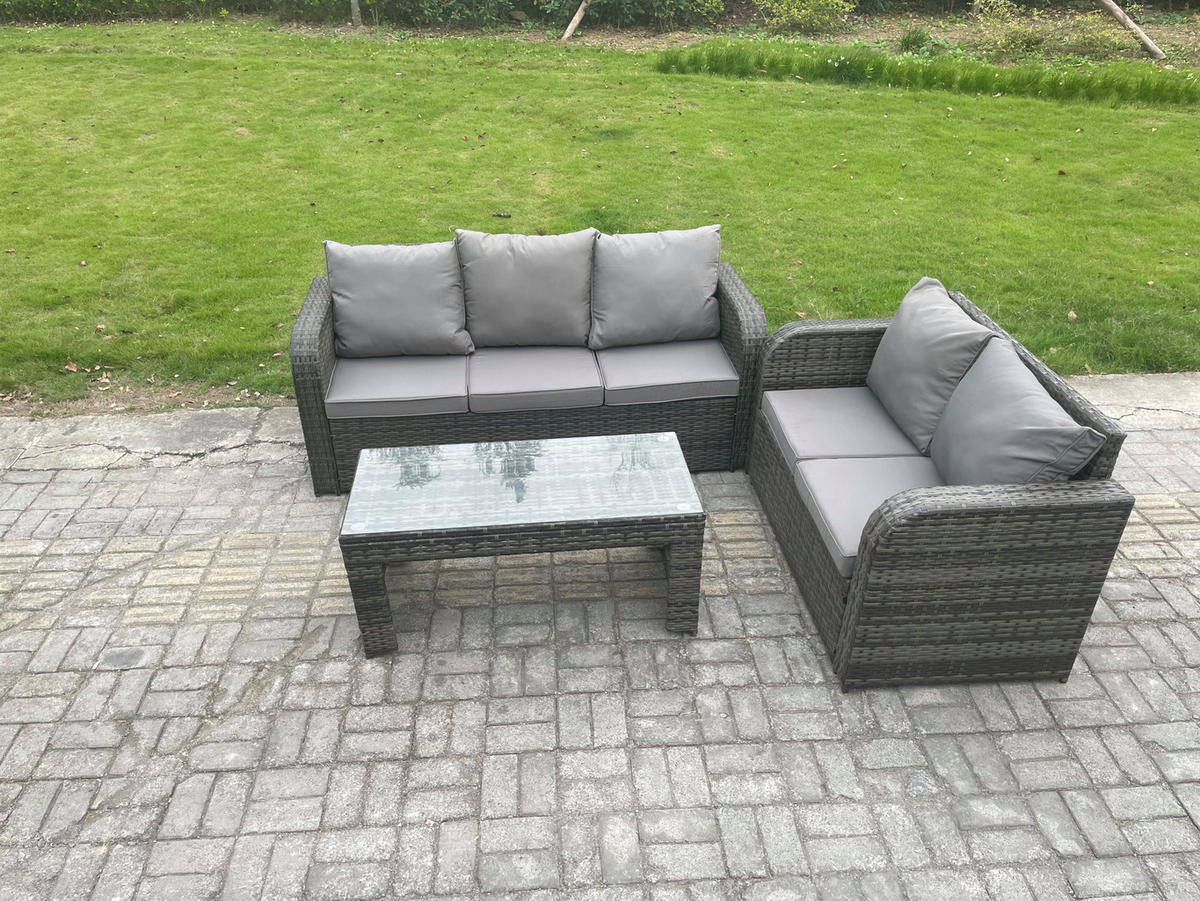 GARTENSOFA SET mit COUCHTISCH SOFA Polyrattan 5-Sitzer - Dunkelgrau/Grau, Glas/Kunststoff - Fimous