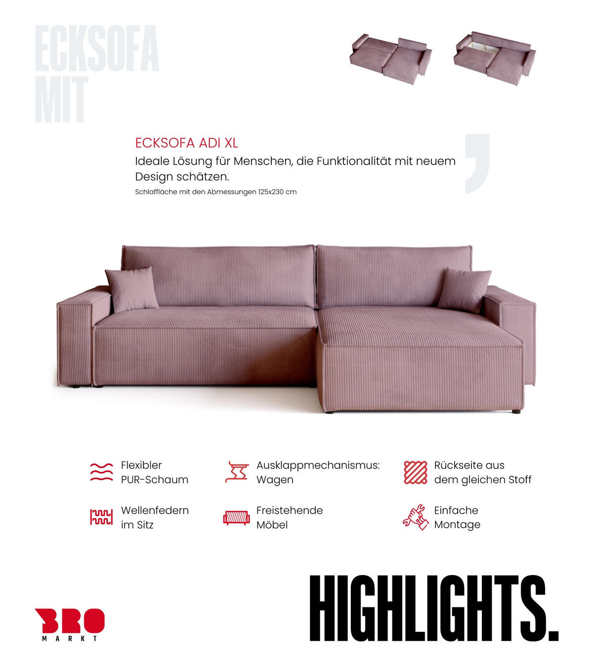 ECKSOFA ADI XL mit Schlaffunktion Puderrosa Cord - Rosa, Textil (272/143cm) - Bromarkt