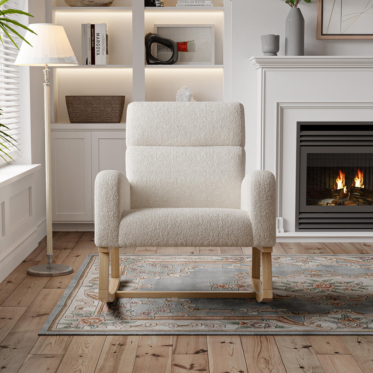 SCHAUKELSTUHL Beige Sherpa Mit Massivholzbeinen Skandinavisch - Beige, Holz (69.2/87/78.5cm)