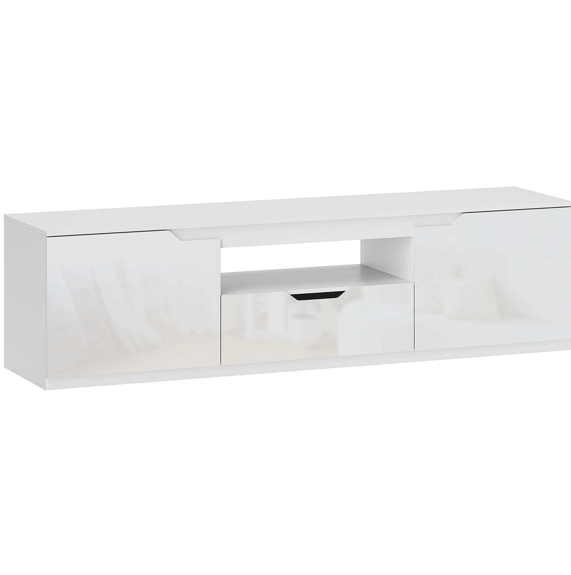 TV komoda 160/38/43 cm bijela, drvena, s odlaganjem i upravljanjem kabela - bijela, drvni materijal (160/43/38cm) - BEAOK