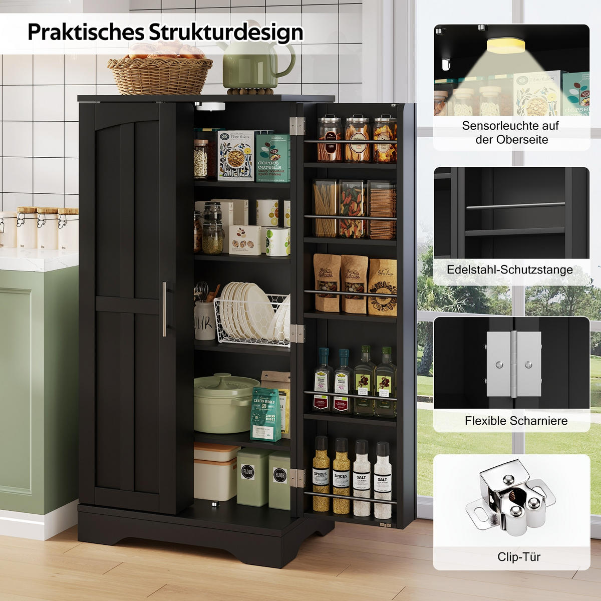 KÜCHENSCHRANK SCHWARZ 120CM MIT LED-BELEUCHTUNG, 60/120/40 cm, MDF, verstellbare Einlegeböden, für Küche und Esszimmer - Schwarz, Holzwerkstoff (40/120/60cm) - Rolipo