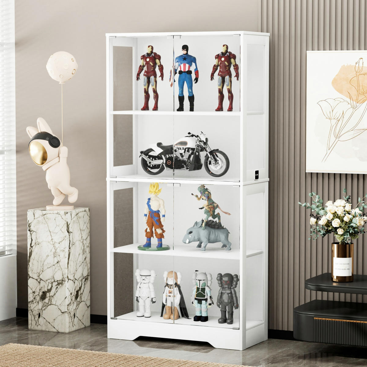 GLASVITRINE aus MDF und Glas 35x80x165 cm Weiß mit LED-Beleuchtung und Bewegungssensor - Weiß, Holzwerkstoff (80/165/35cm) - IVMEU