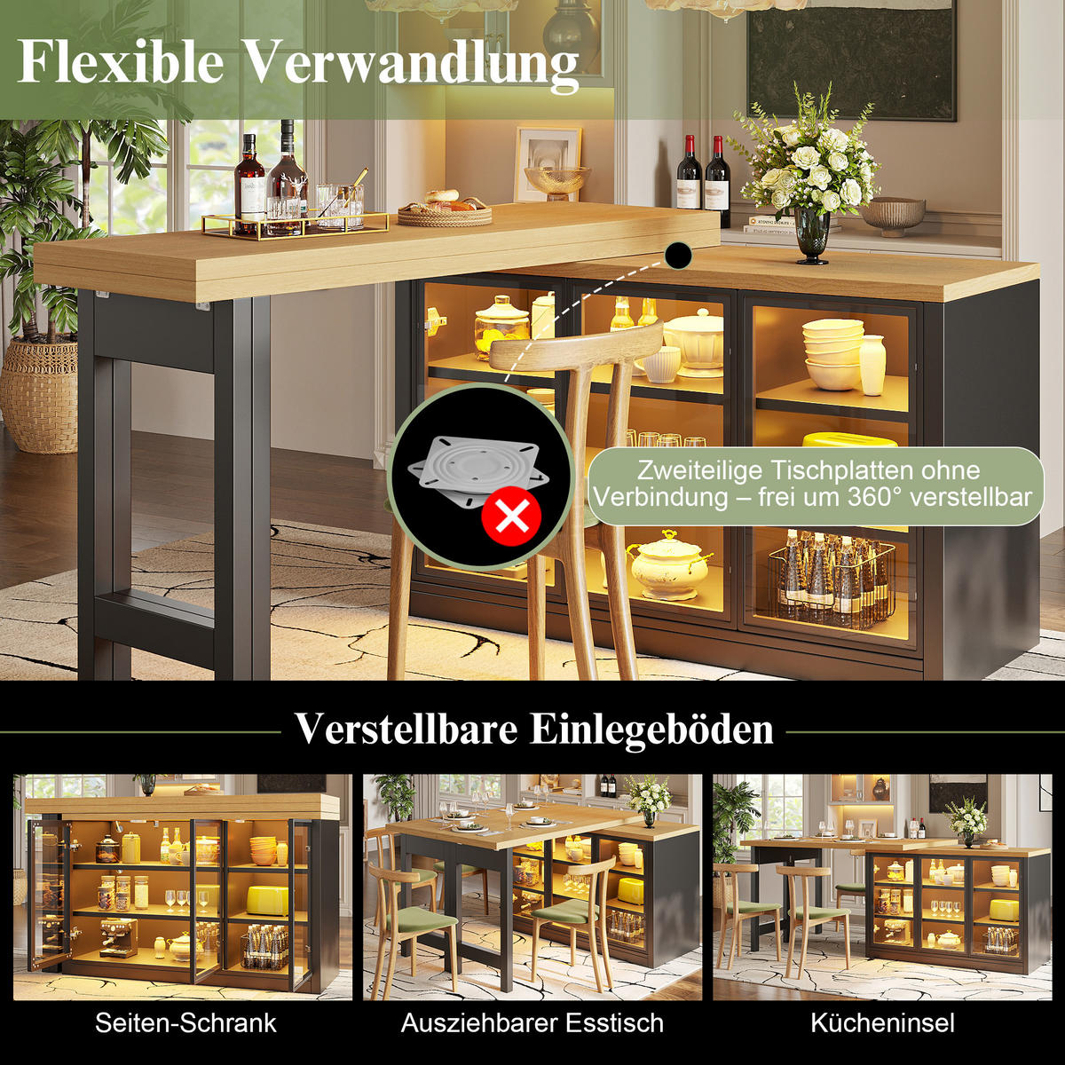 KÜCHENINSEL 360° Drehbar LED Stauraum Schwarz - Schwarz, Glas (120/72/40cm) - FLIEKS