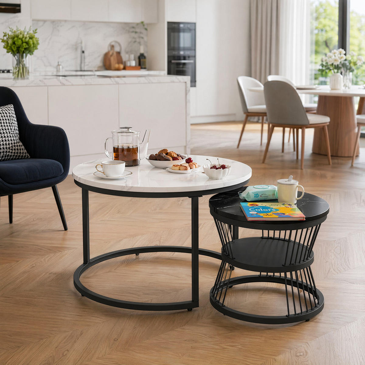 SOFFBORDSSET, 2-delat, runt, svartvitt, marmorlook, med hyllplan och hopfällbart sidobord - Multicolor, Metall (70/70/45.5cm) - SHOPENTRA