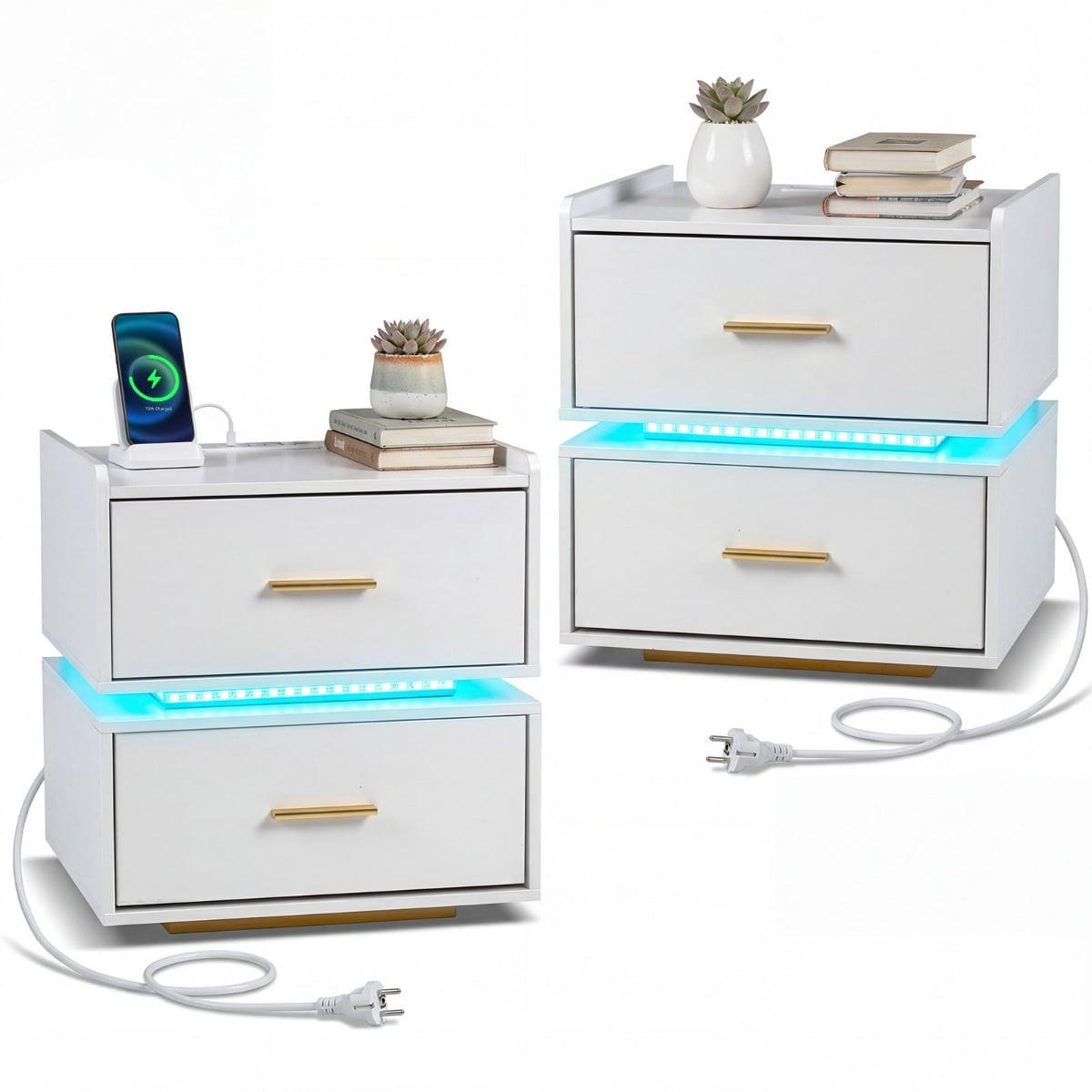 NACHTTISCH mit Ladestation und LED, 2 Schubladen, halb-schwebend, Weiß - Weiß, Holzwerkstoff/Metall (45/48/40cm) - DESIGN IN