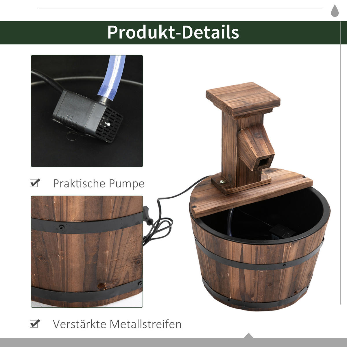 GARTENBRUNNEN, Tannenholz, Metall, Natur - Naturfarben, Holz/Metall (27/27/37cm) - Outsunny
