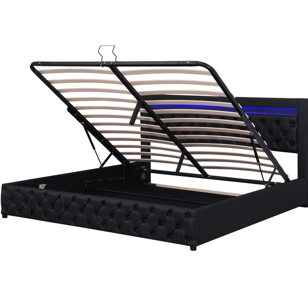 BETT mit Stauraum und LED 140x190 cm PU Black - Schwarz, Metall (140/190cm) - Meubliv