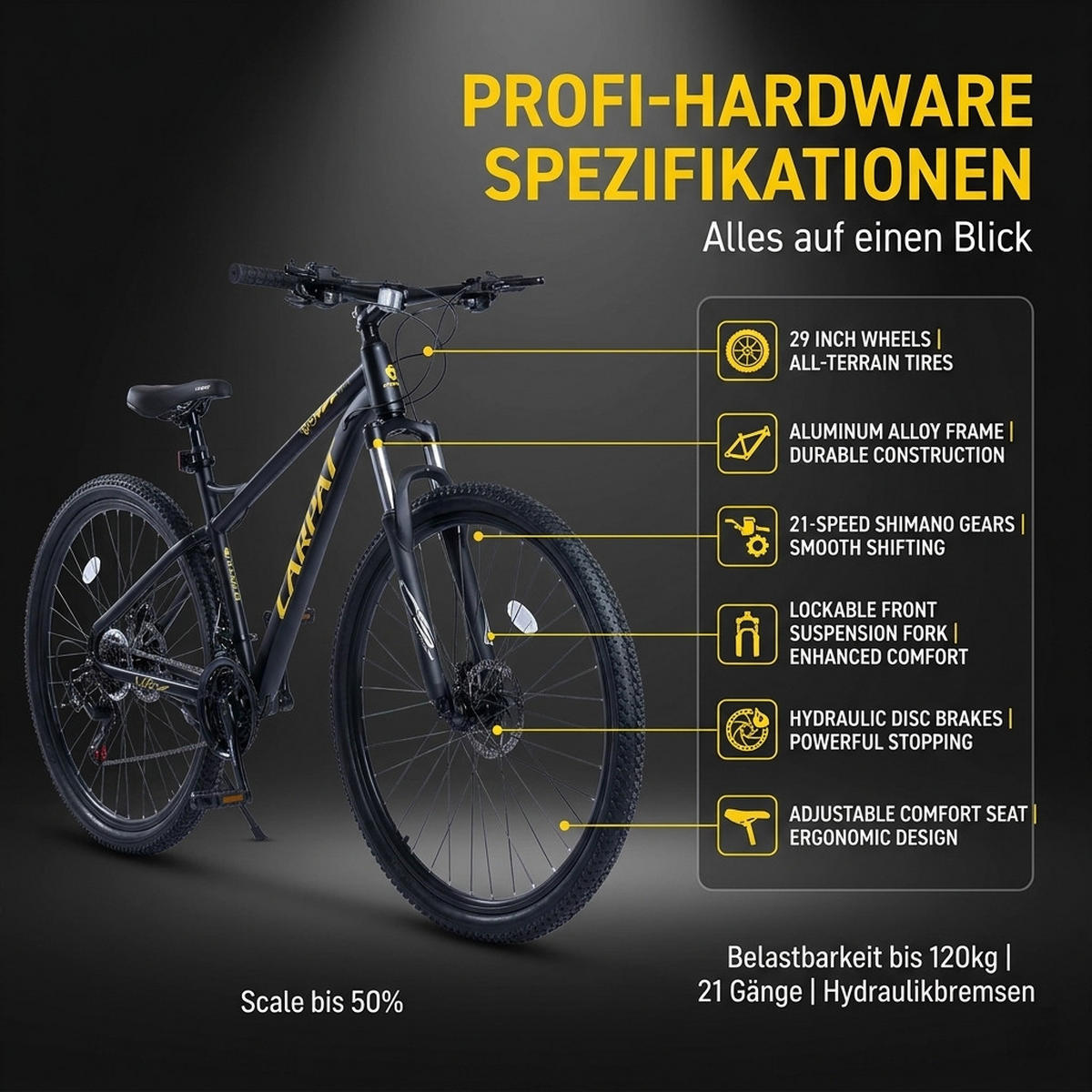 MOUNTAINBIKE 29 Zoll Schwarz – 21-Gang Schaltung - Hydraulische Scheibenbremsen — Hardtail-Rahmen aus Aluminiumlegierung - Schwarz, Metall (20cm) - Oxeza