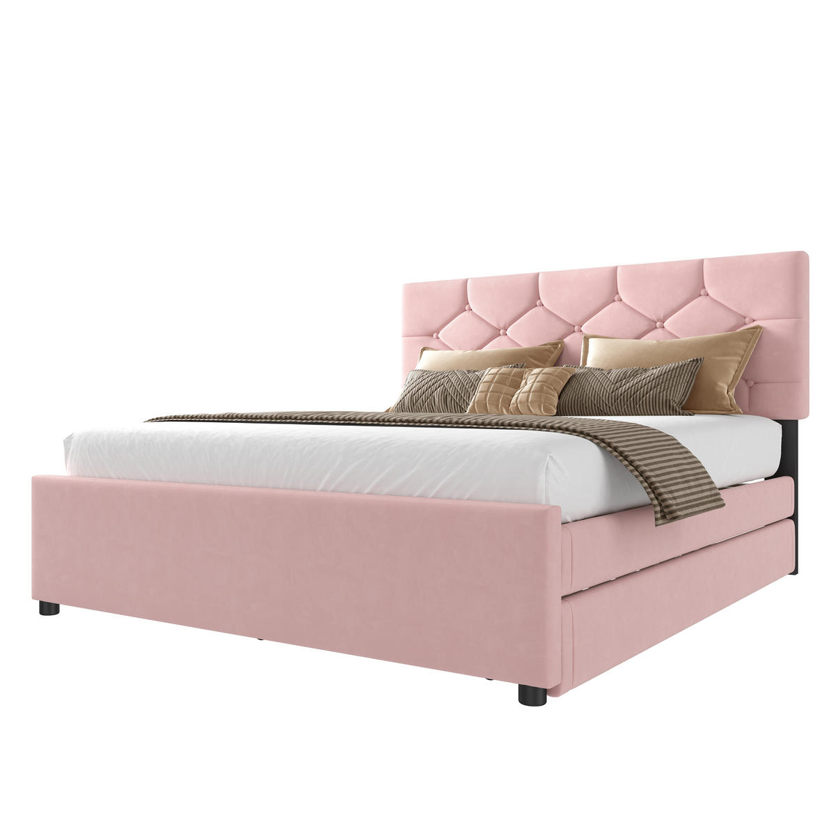 POLSTERBETT 140/200 cm rosa mit Rollcontainer aus Samt - Rosa, Textil (140/200cm) - OKWISH