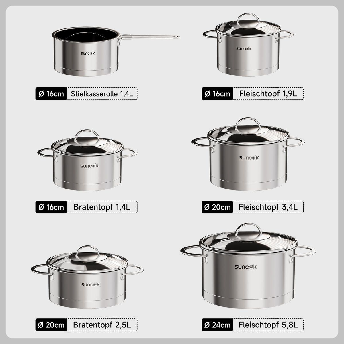 KOCHTOPFSET TG1 6-teilig - Silberfarben, Metall - SUNCOK