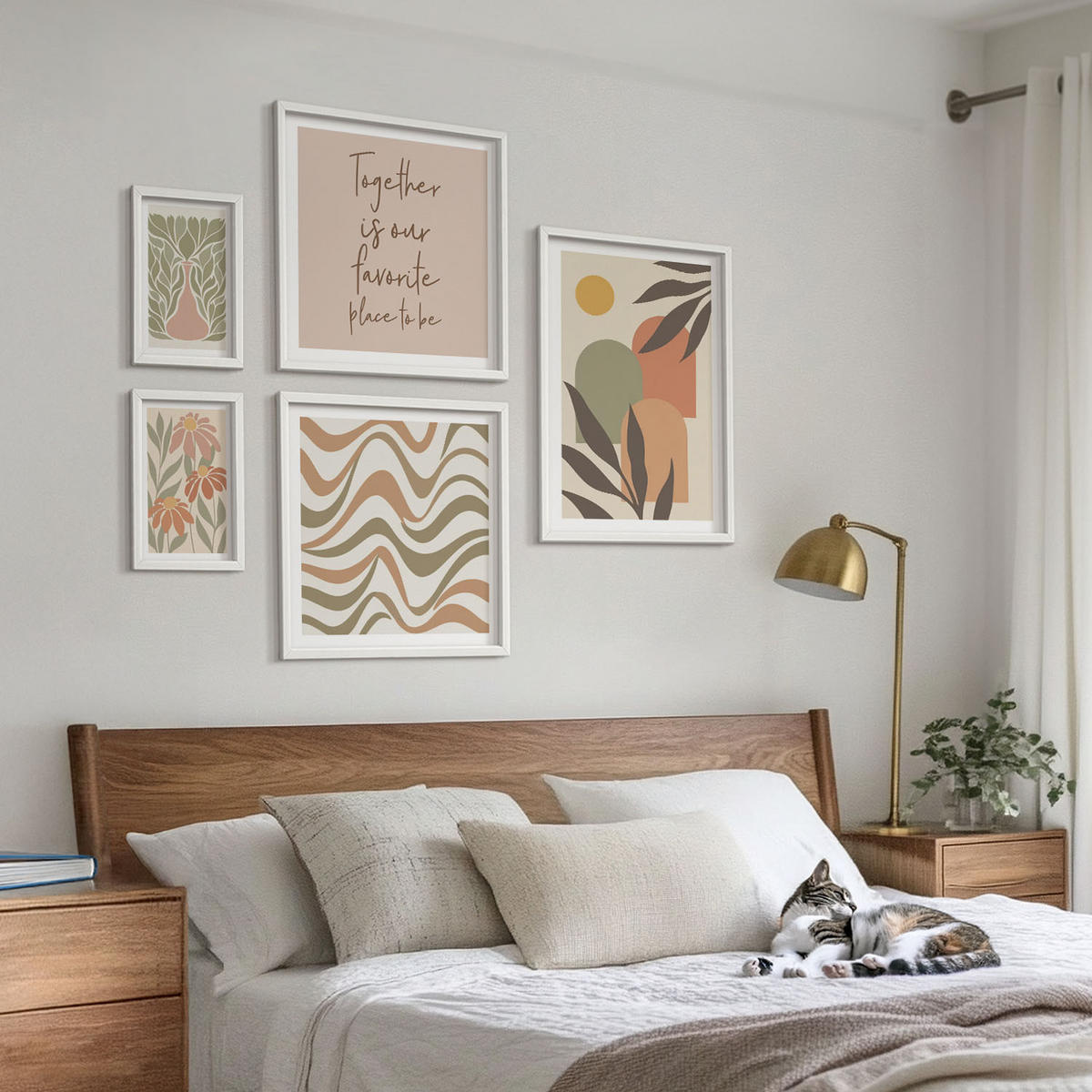 WANDBILDER 5er-Set - 50x50 cm & 20x30 cm & 40x60 cm Weißer Rahmen - Abstrakte Pastellblumen - Weiß, Kunststoff (40/60cm) - ArtPrintCave