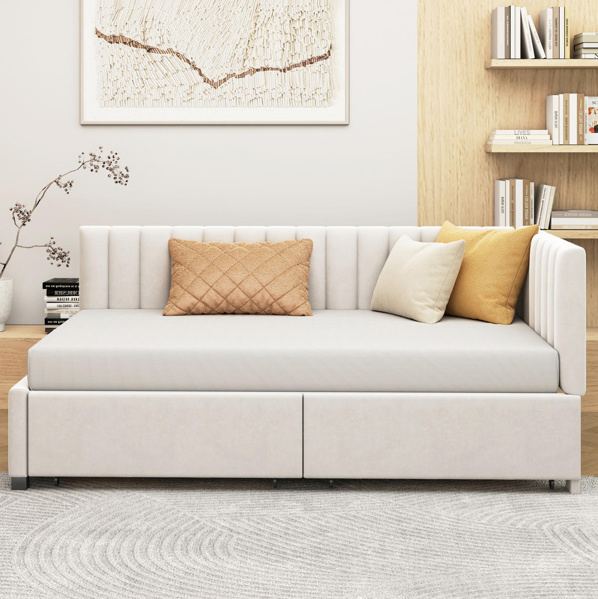 POLSTERBETT 90/200 cm mit 2 Stauraumschubladen, Lattenrost und Samtbezug, Beige - Beige, Leder (90/200cm) - Redom