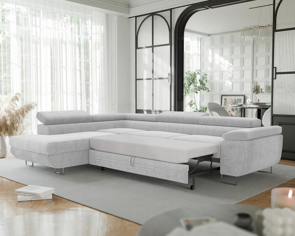 ECKSOFA ANTON mit Schlaffunktion und Bettkasten Hellgrau - Hellgrau, Holzwerkstoff/Kunststoff (274/203cm) - Idohome