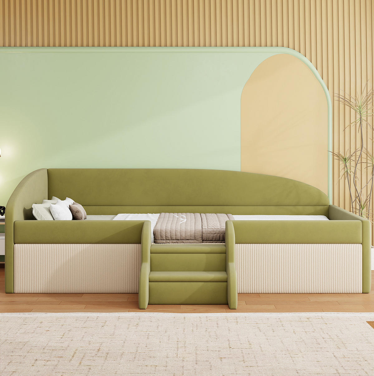 KINDERBETT aus Samt 90x190 cm Dunkelgrün und Cremeweiß mit Stufen, Schutzgitter und Lattenrost - Grün, Textil (90/200cm) - Modfu