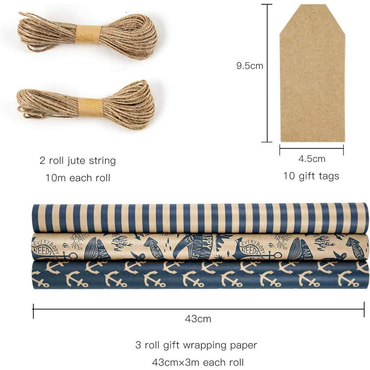GESCHENKPAPIER-SET 3 Rollen Marineblau Ozean 43 cm x 3 m - Multicolor, Papier (43/43/43cm)