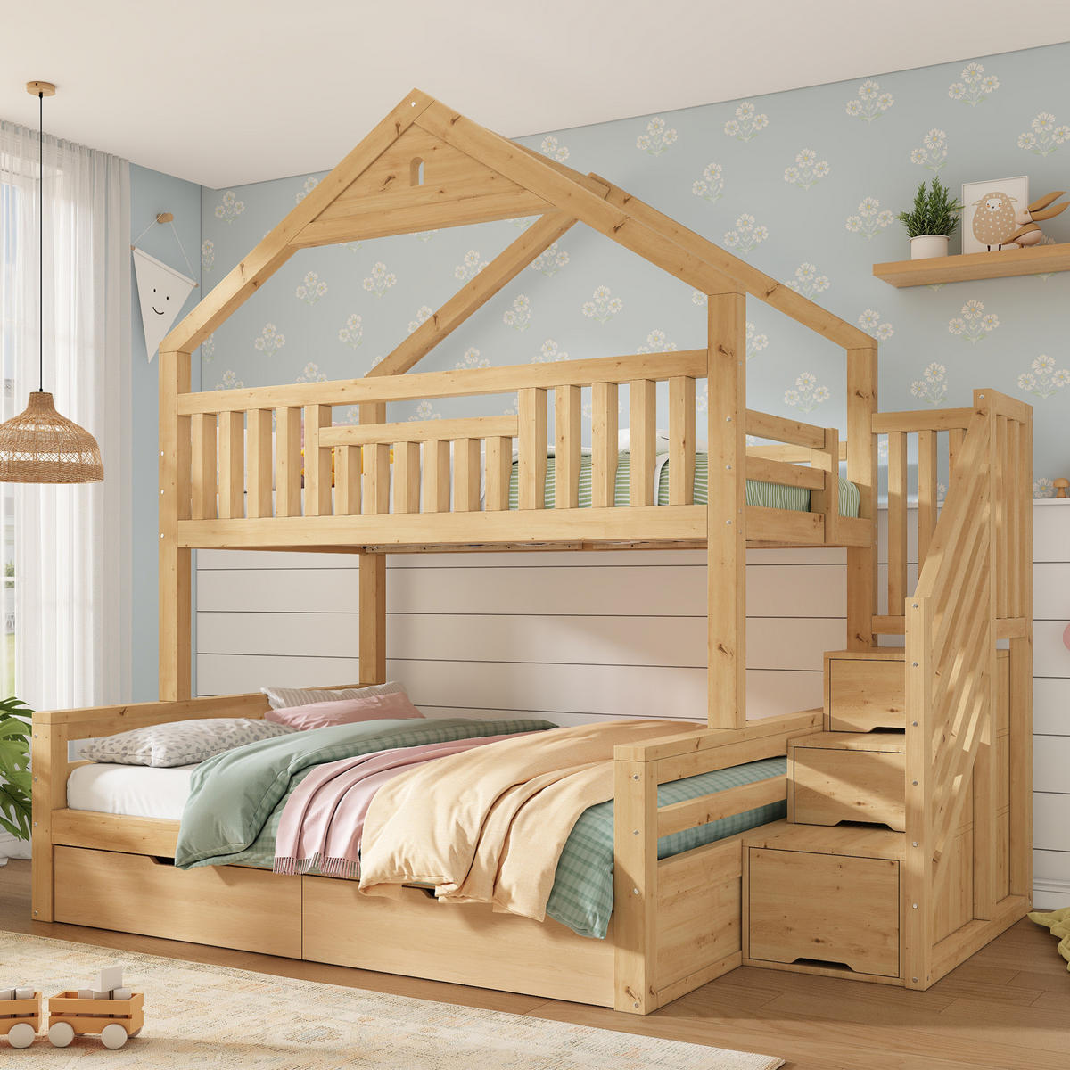 KINDER-ETAGENBETT 90x200 & 140x200 cm in Eichefarben mit Treppenschrank und Schubladen - Eichefarben, Holz (140/200cm) - IVMEU
