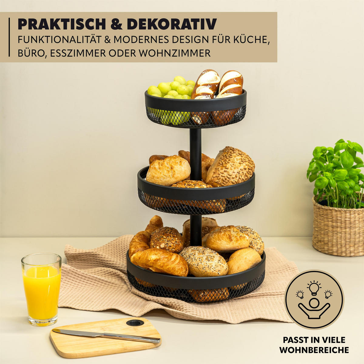 OBSTETAGERE 3-STÖCKIG rund Metall schwarz - Schwarz, Metall (42cm) - eluno