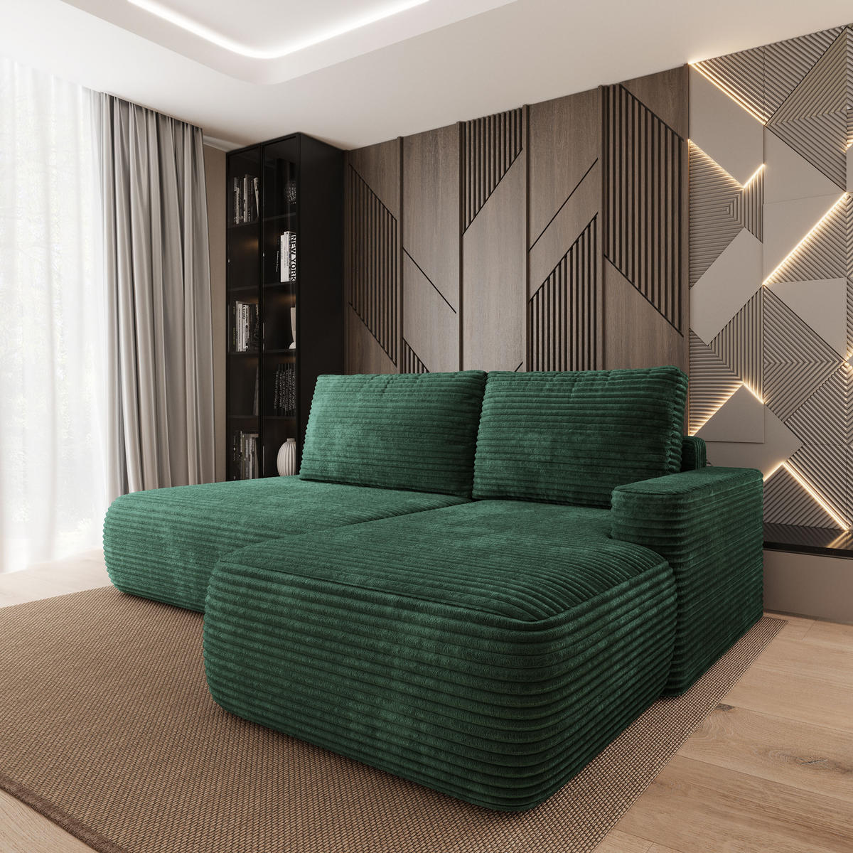 ECKSOFA AVINI T R-S Grün Kordstoff mit Schlaffunktion - Grün, Holzwerkstoff/Textil (277/160cm) - MASSENO