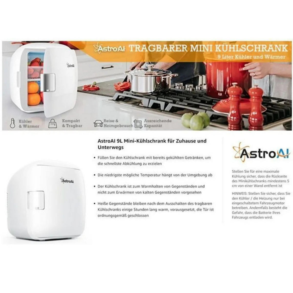 MINIKÜHLSCHRANK AstroAI Weiß 9 L tragbar Kühl- und Heizfunktion für Auto Büro Camping - Weiß, Kunststoff (32/32.3/34.8cm) - JUNG