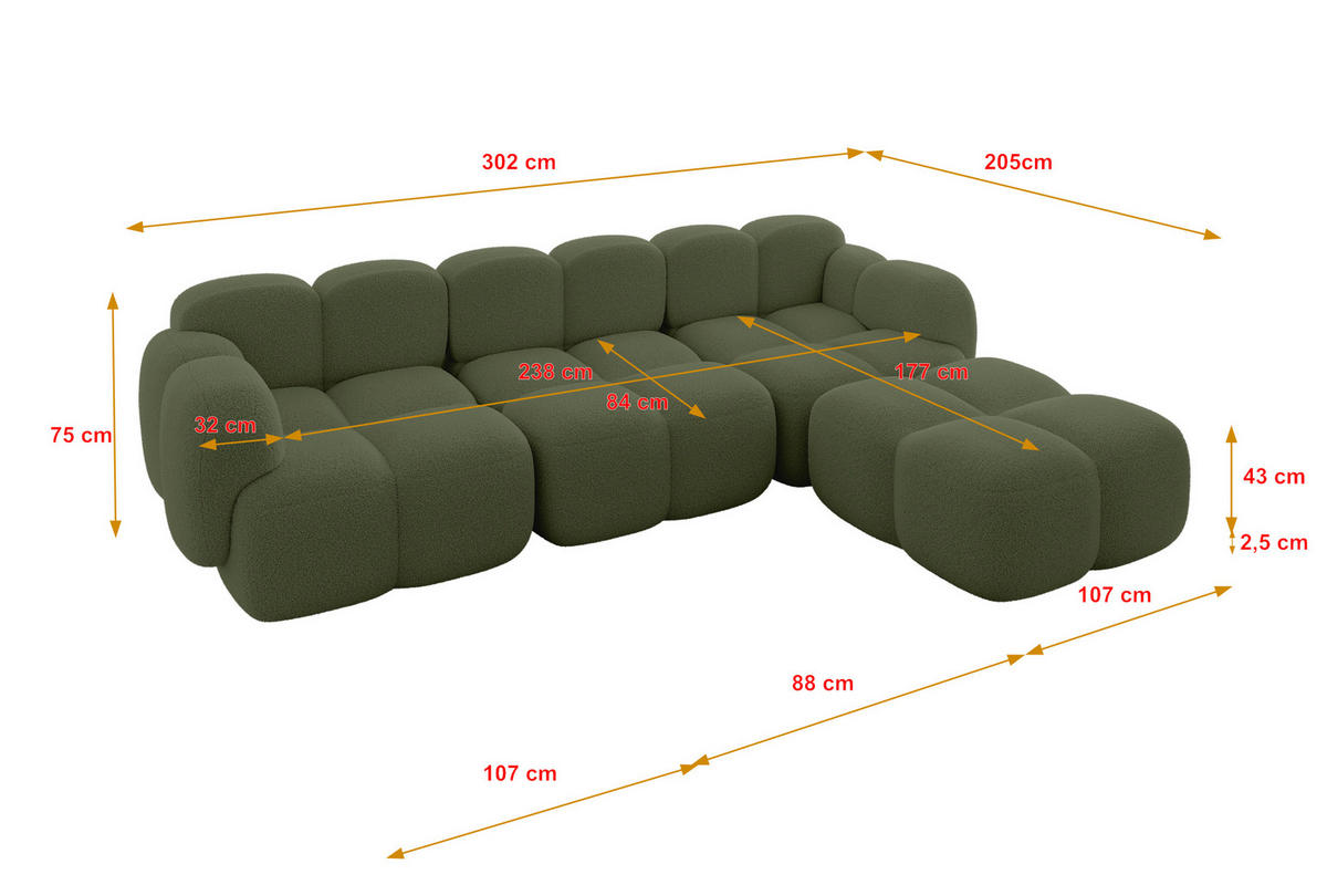 ECKSOFA modulares Sofa Rechts Miko-L2 302x205x75 Grün Bouclé - Smaragdgrün/Schwarz, Holzwerkstoff/Kunststoff (302/205cm) - ALTDECOR