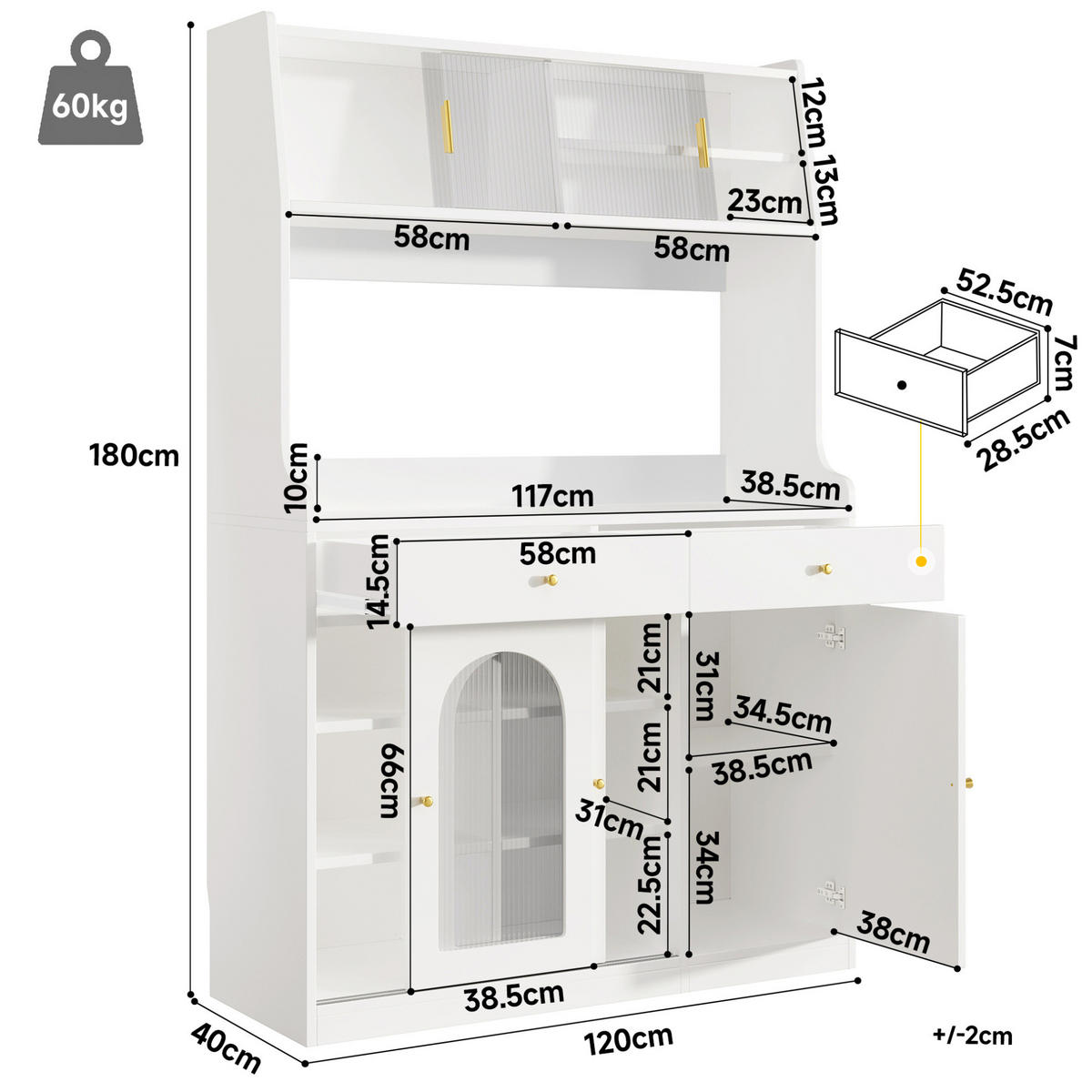ANRICHTE 120/40/180 cm in Weiß mit LED-Beleuchtung und 2 Schubladen - Weiß, Holzwerkstoff (120/180/40cm) - Flora Grace
