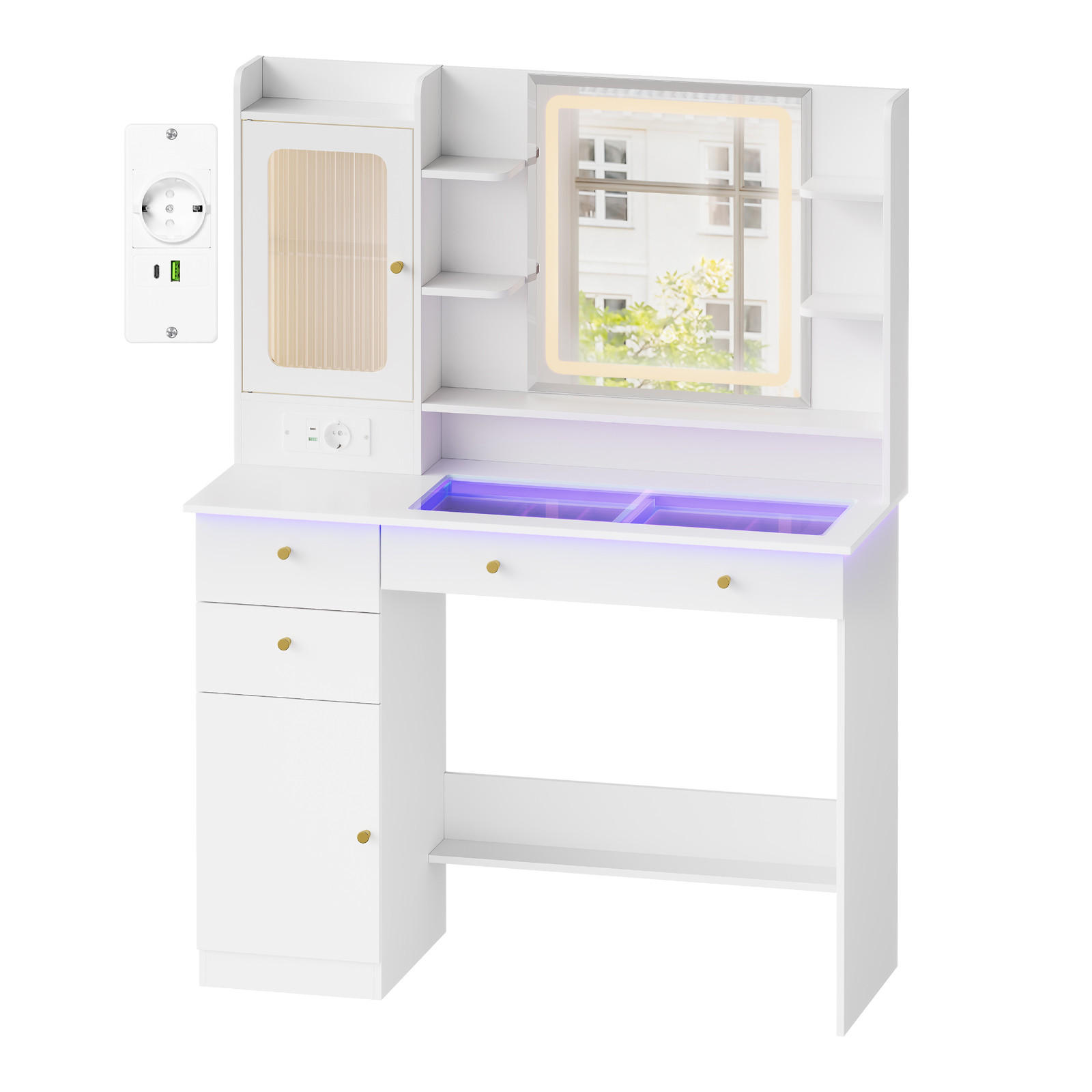SCHMINKTISCH mit RGB- und LED-Beleuchtung Weiß - Weiß, Glas/Holzwerkstoff (104/136/40cm) - Woltu