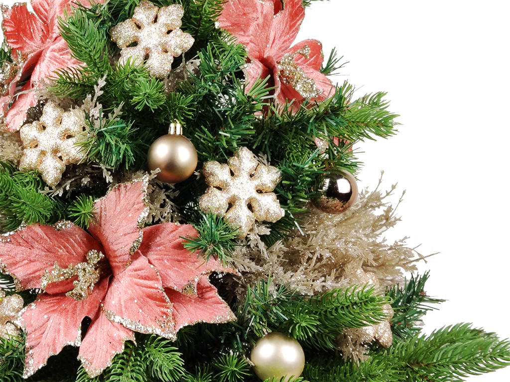 WEIHNACHTSBAUM künstlicher 60 cm mit LED-Beleuchtung, PRACHTFLOCKE, mit 25 Weihnachtsbaumschmuck, Pflanztopf mit Jutesack - Champagner/Pink, Kunststoff/Stein (40/60cm) - LAALU
