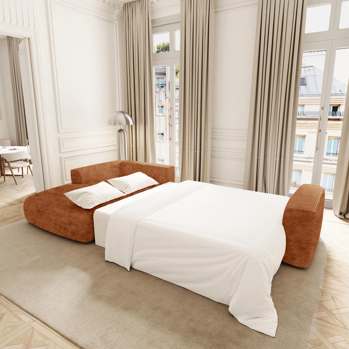 LINKSECK-SCHLAFSOFA mit Stauraum COMO Cord Terrakotta 297cm - Dunkelorange/Terracotta, Textil (297/167cm) - Premium Interiors