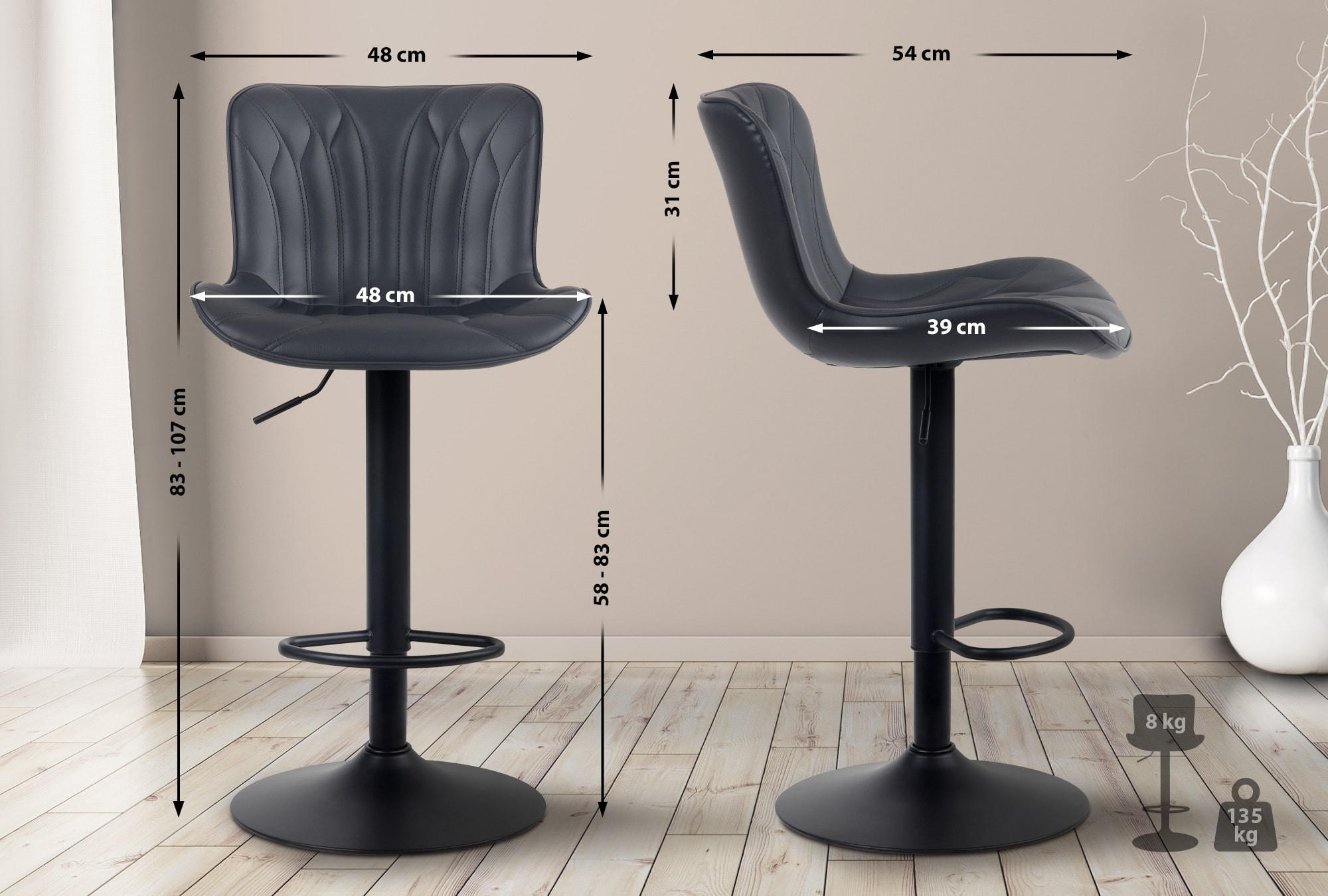 BARHOCKER 2er Set Lederlook schwarz - Schwarz, Textil/Metall (48/83/54cm) - CLP
