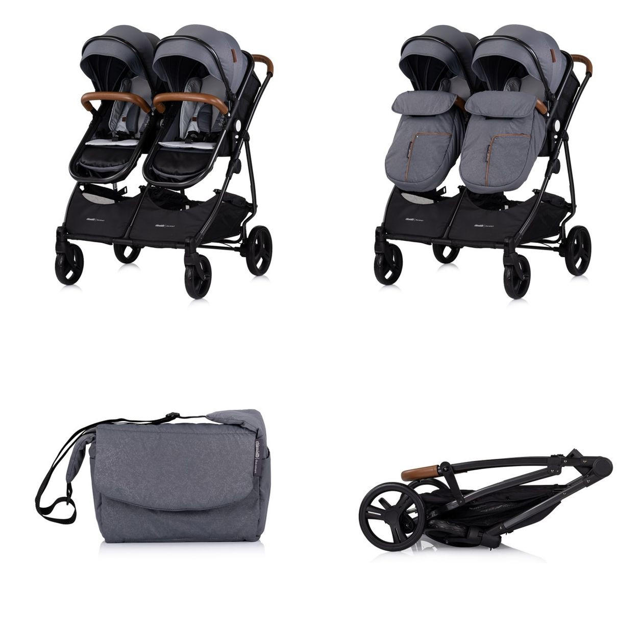 GESCHWISTERKINDERWAGEN Duo Smart grau dunkelgrau klappbar, umbaubar, verstellbar, Fußsack - Dunkelgrau/Grau, Metall (80/75/104cm) - Chipolino