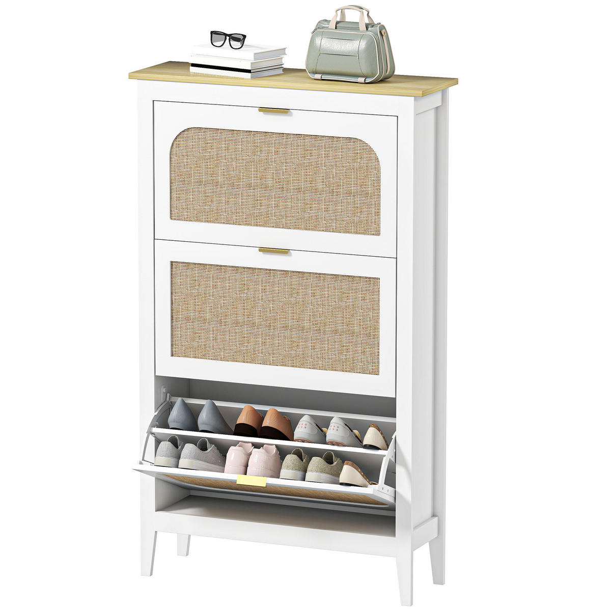 SCHUHSCHRANK DE-15045 Boho-Design mit 3 Klapptüren & Rattan-Optik Weiß - Weiß, Holzwerkstoff (80/131/24cm) - ComfortXL