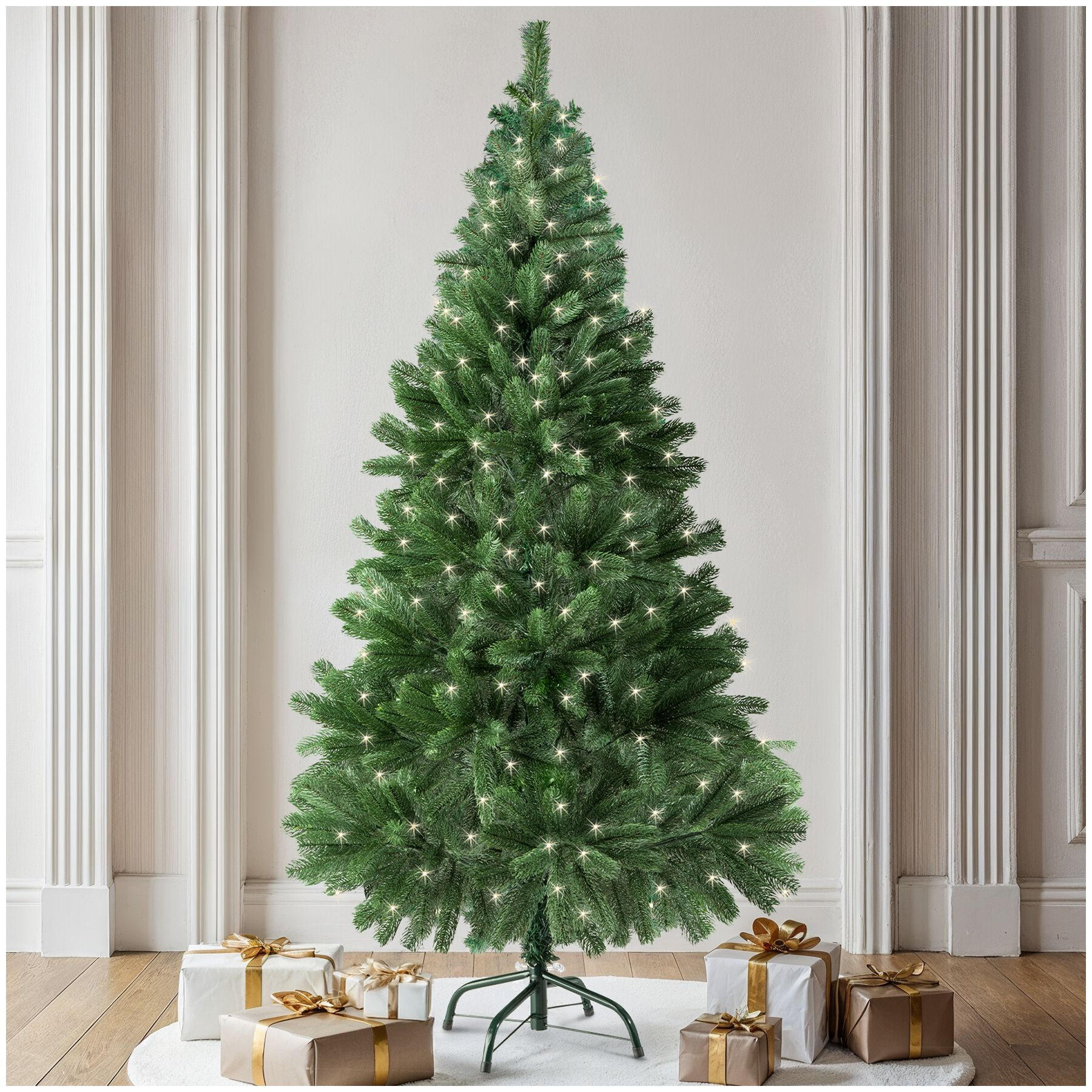 SET WEIHNACHTSBAUM MIT LICHTERKETTE ,inklusive Metallständer mit Kunststoffkappen,grün - Grün, Kunststoff (140cm) - tectake