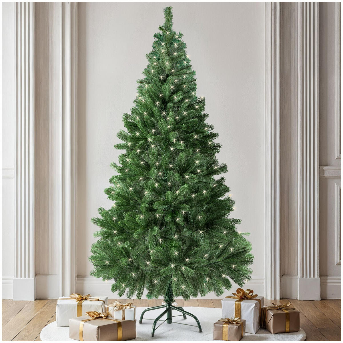 SET WEIHNACHTSBAUM MIT LICHTERKETTE ,inklusive Metallständer mit Kunststoffkappen,grün - Grün, Kunststoff (140cm) - tectake