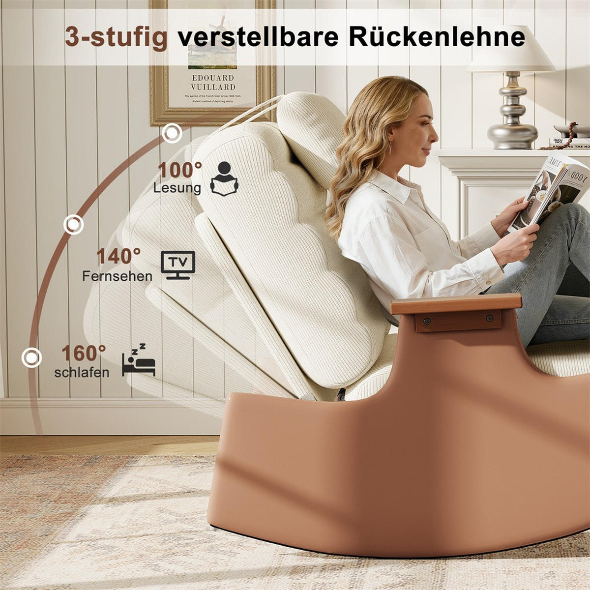 SCHAUKELSTUHL mit Hocker und Kopfkissen - mit 3-stufig verstellbare Rückenlehne und Cord-Bezug - Beige-Braun - Beige, Textil (61.5/81/51.5cm) - DELFA