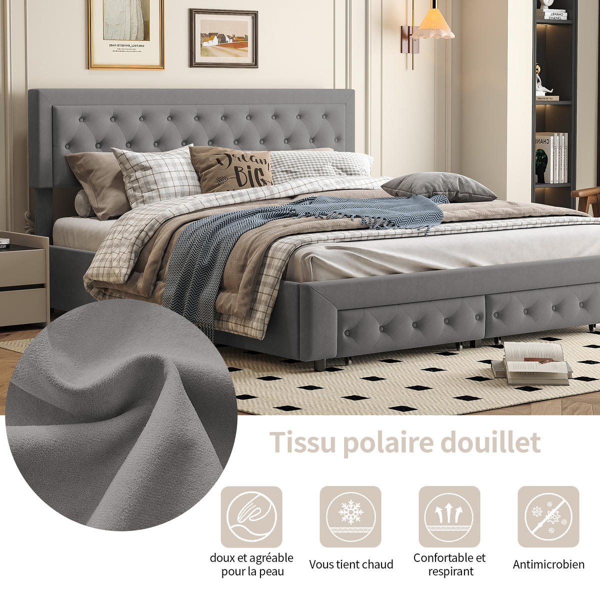 POLSTERBETT 180x200 cm, Grau, mit Hydraulischem Boxspringbett, Lattenrost und Schublade, Samt - Grau, Textil/Metall (180/200cm)