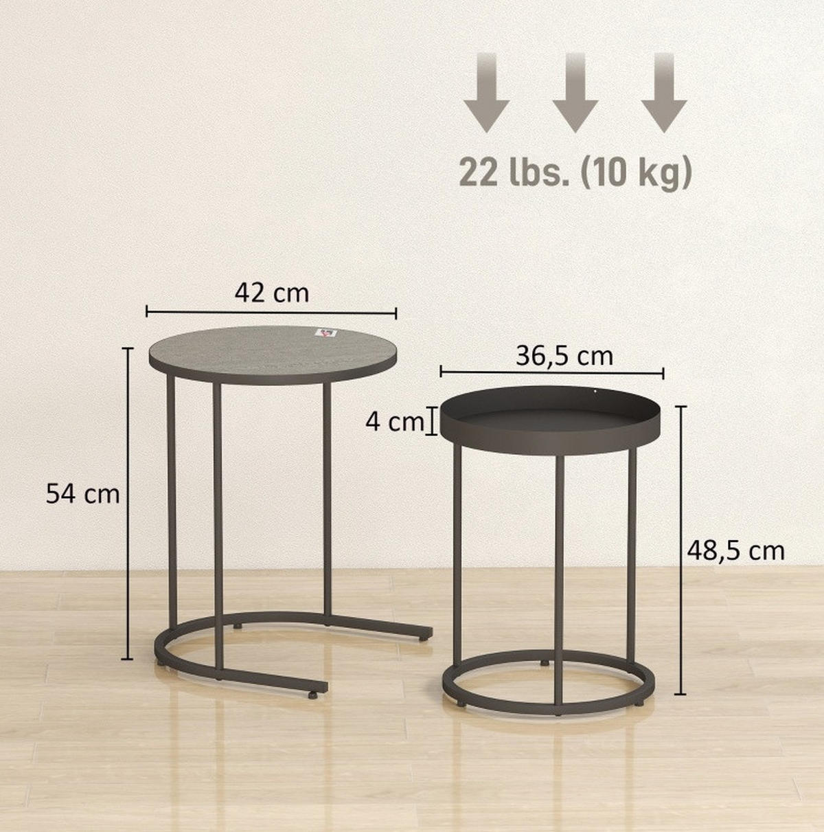 COUCHTISCH 42/42/54 cm und 36,5/36,5/48,5 cm, stapelbar mit Tablettdesign aus Metall, Grau - Grau, Metall (42/42/54cm) - Modfu