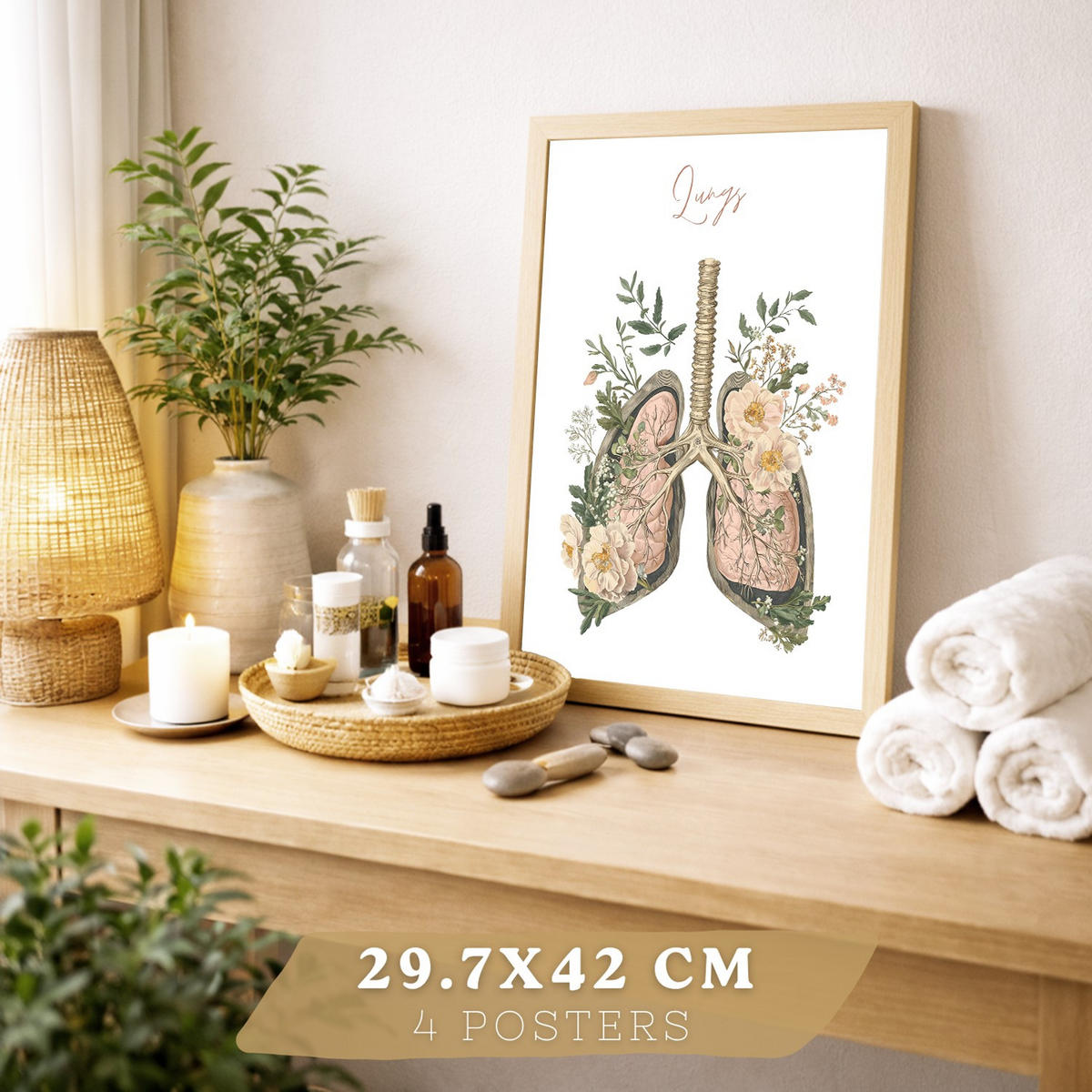 POSTER Set aus 4 Anatomie Mensch Florale Drucke und Wandbilder mit Herz Lungen Skelett und Schädel Stil Wanddekoration Größe Leichter Holzrahmen A4 - Beige, Papier (21/29.7/3cm) - Nacnic