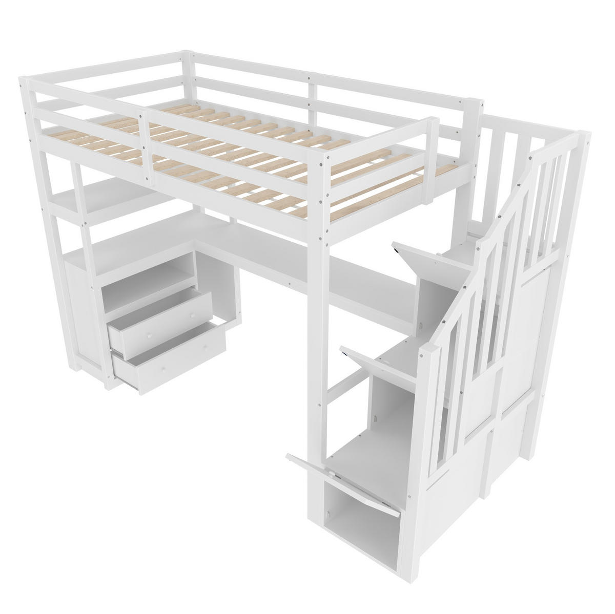 HOCHBETT mit Schreibtisch 90/200 cm in Weiß – mit Stauraumtreppe und Schubladen - Weiß, Holz (90/200cm) - BEAOK