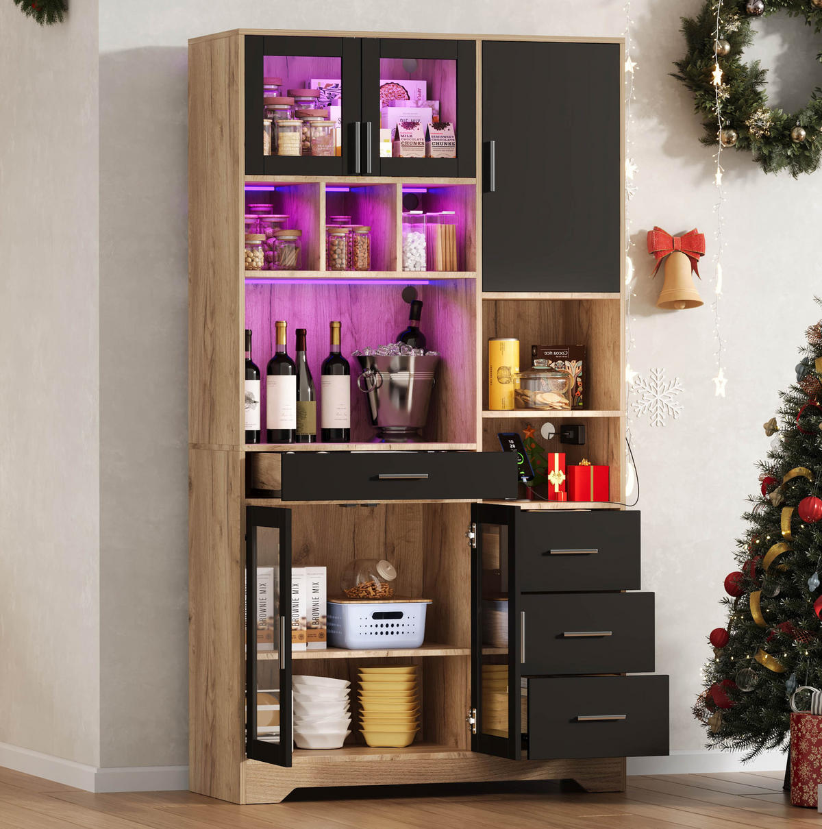 BUFFET 100/40/185 cm aus MDF mit LED-Beleuchtung und Steckdosenleiste Schwarz/Natur - Schwarz, Holzwerkstoff (100/185/40cm) - Modenvie