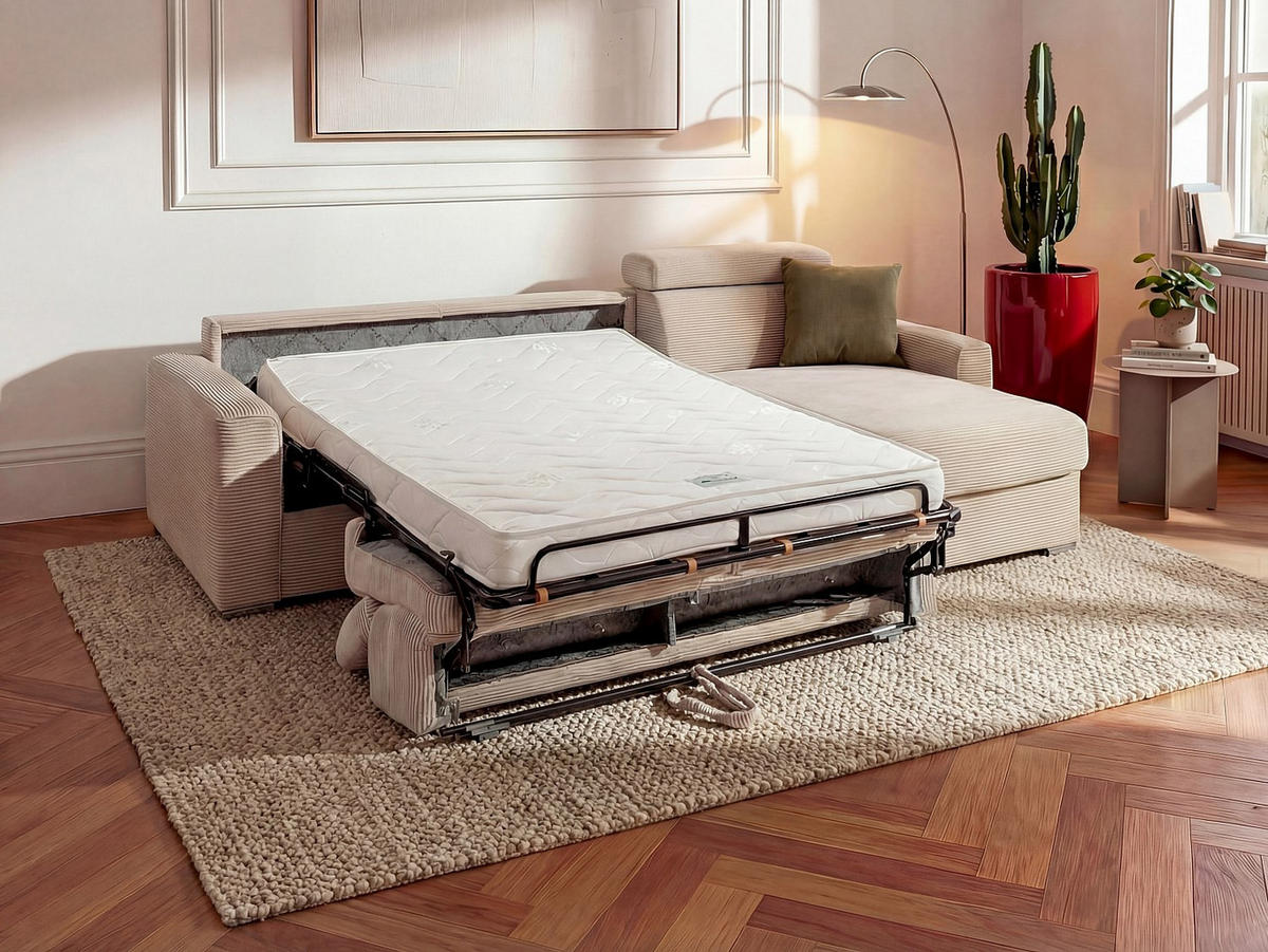 ECKSOFA mit Matratze - Ecke wechselbar - Cord - Beige - Liegefläche mit Lattenrost mit breiten Latten 160 cm - Matratze 22 cm - Memory Schaum - VIZIR - Beige, Textil (302/223cm) - Vente-Unique