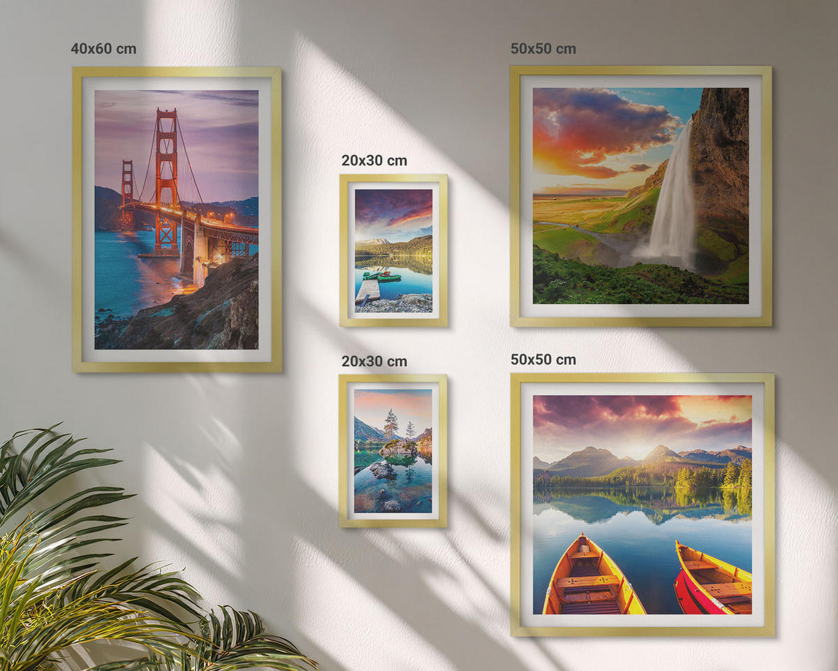 BILDER SET 5er Set - 50x50 cm & 20x30 cm & 40x60 cm Goldrahmen - Bergseen, Boote, Brücken - Goldfarben, Kunststoff (40/60cm) - TULUP