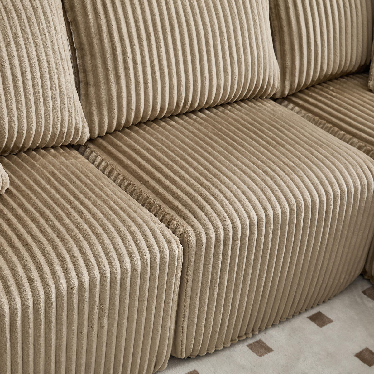 ECKSOFA Cord Khaki mit 5 Kissen, Seitentaschen und Getränkehaltern - Hellbraun, Textil (257/160cm) - WISHDOR