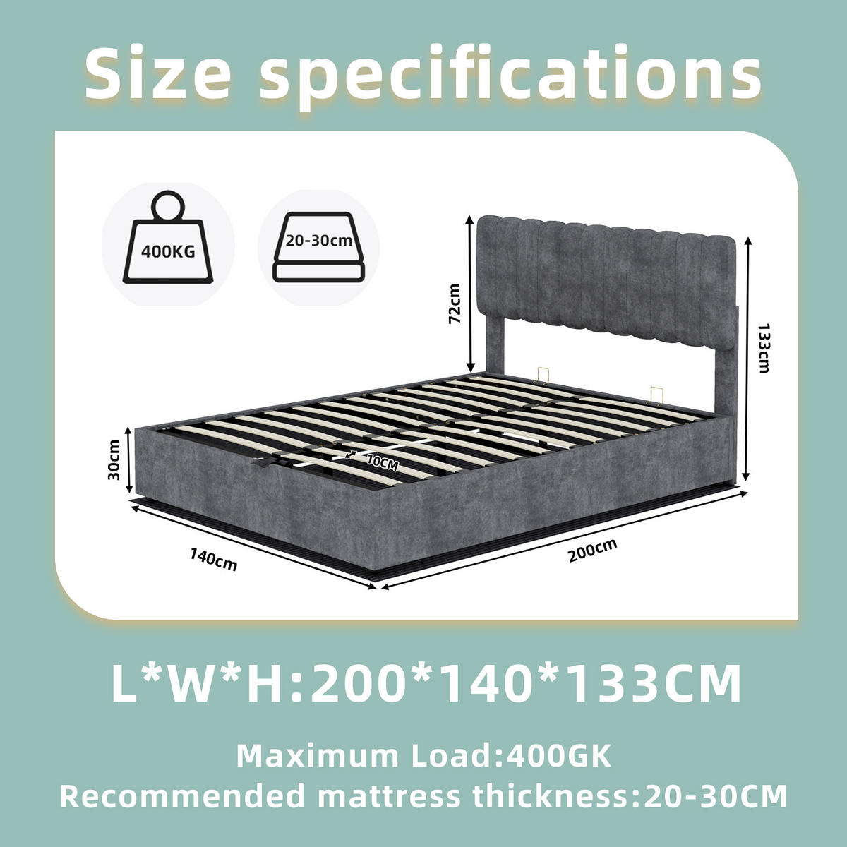 POLSTERBETT 140/200 cm DE-33015 mit Gaslift-Stauraum Grau - Grau, Metall (140/200cm) - ComfortXL