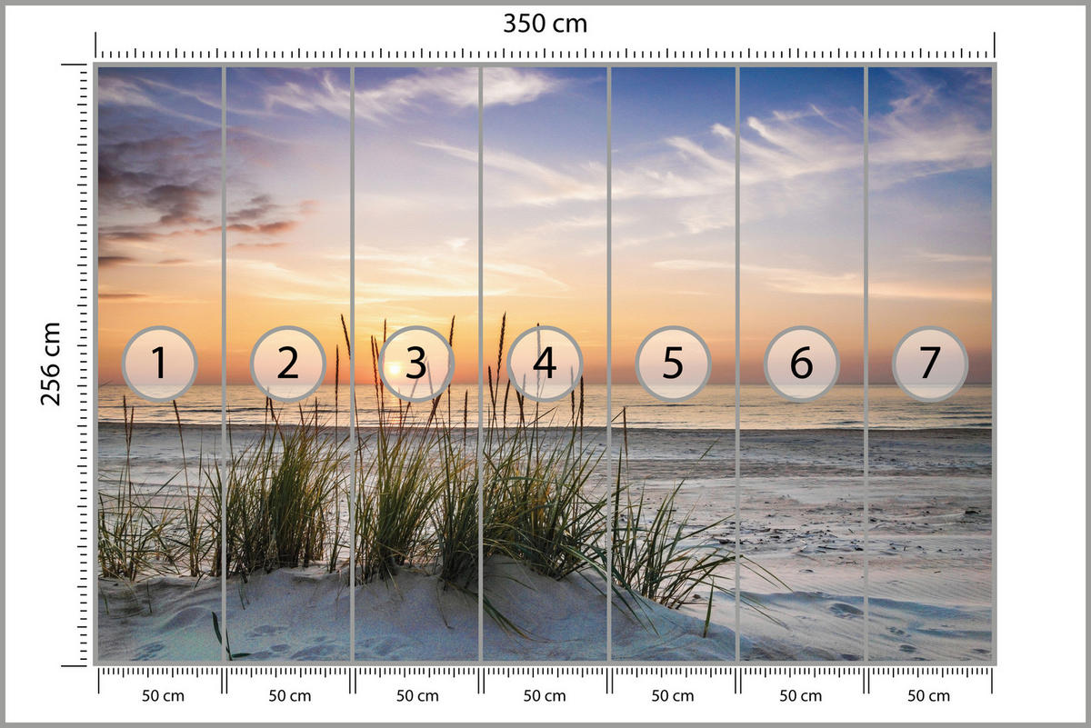 FOTOTAPETE für Schlafzimmer Landschaft Meer Strand Dünen Sonnenuntergang 350x256 - Beige/Violett, Papier (350/256cm) - Muralo