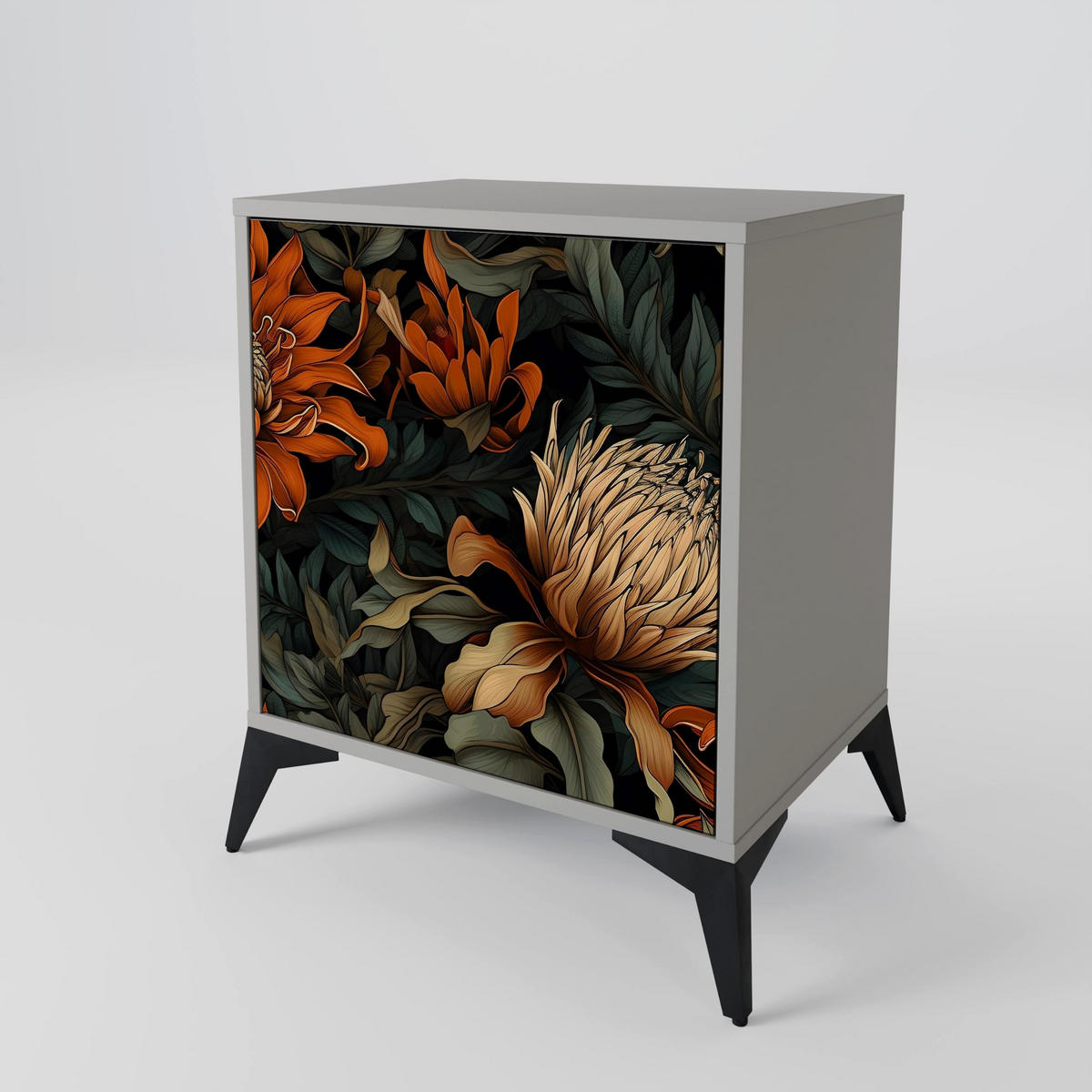 SIDEBOARD DAWN BLOOM, Grau, 57,5x42x72,5 cm, Schwarze Metallfüße - Multicolor/Schwarz, Holzwerkstoff/Metall (57.5/72.5/42cm) - SpaceRebels