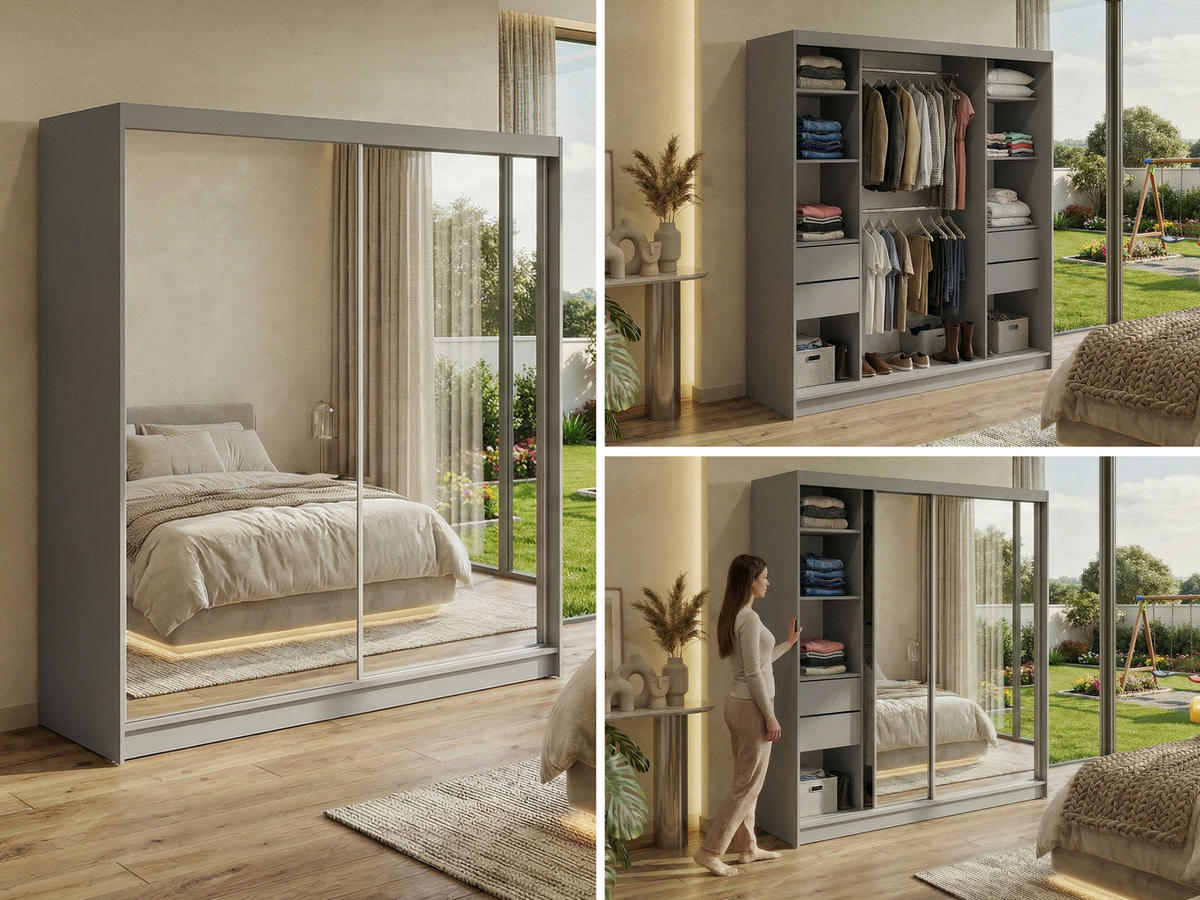 SCHWEBETÜRENSCHRANK mit Schubladen 200 - DUBROWNIK - Grau mit Spiegel - Alufarben/Grau, Holzwerkstoff/Metall (200/216/61cm) - MKS