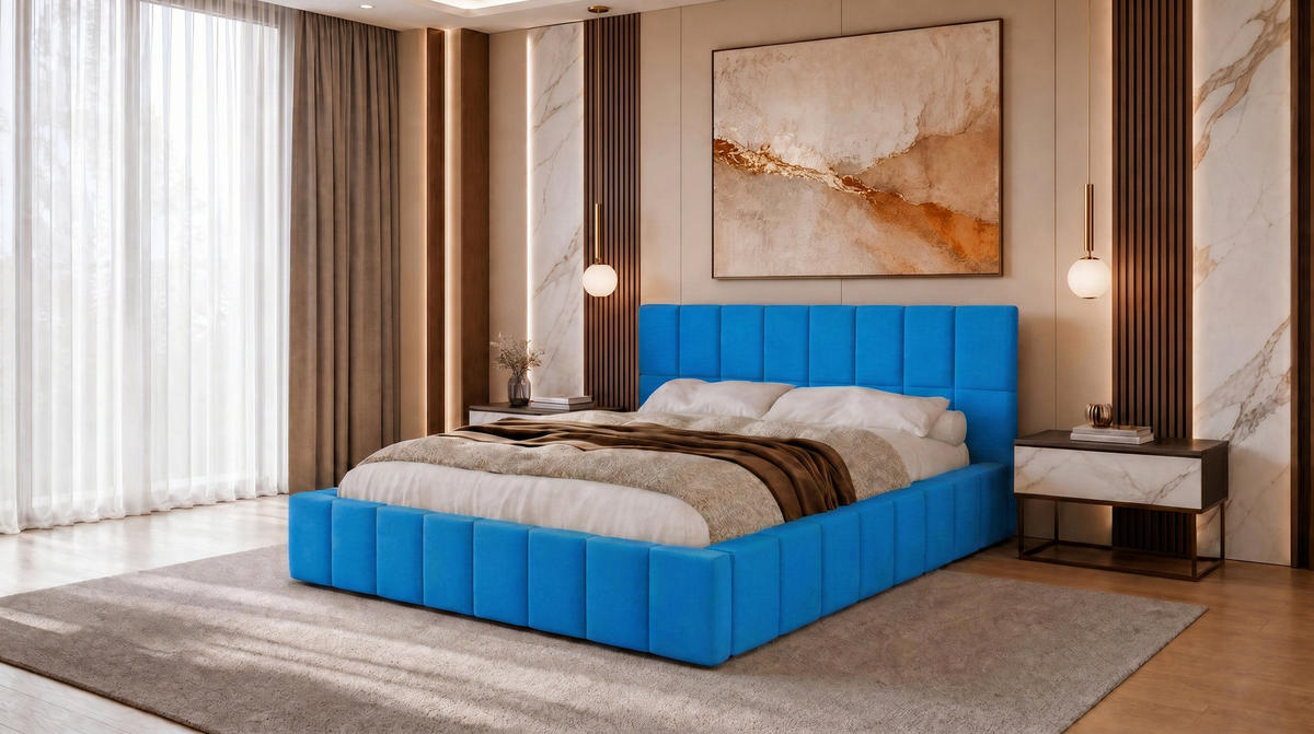 POLSTERBETT 200x200 cm, Alma, Doppelbett mit Bettkasten, Lattenrost aus Holz, Velourstoff, Blau - Blau, Holz/Kunststoff (200/200cm) - Marpur