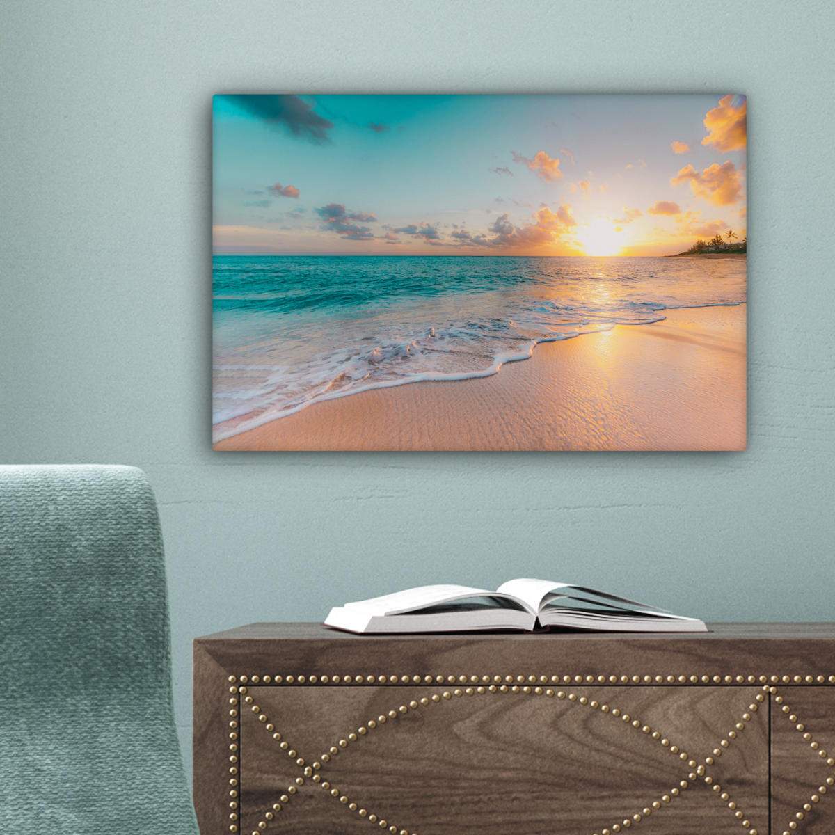 LEINWANDBILD - Sonnenuntergang - Strand - Meer - Sommer - Blau - 30x20 - Deko XXL - Multicolor, Textil (30/20cm) - MuchoWow
