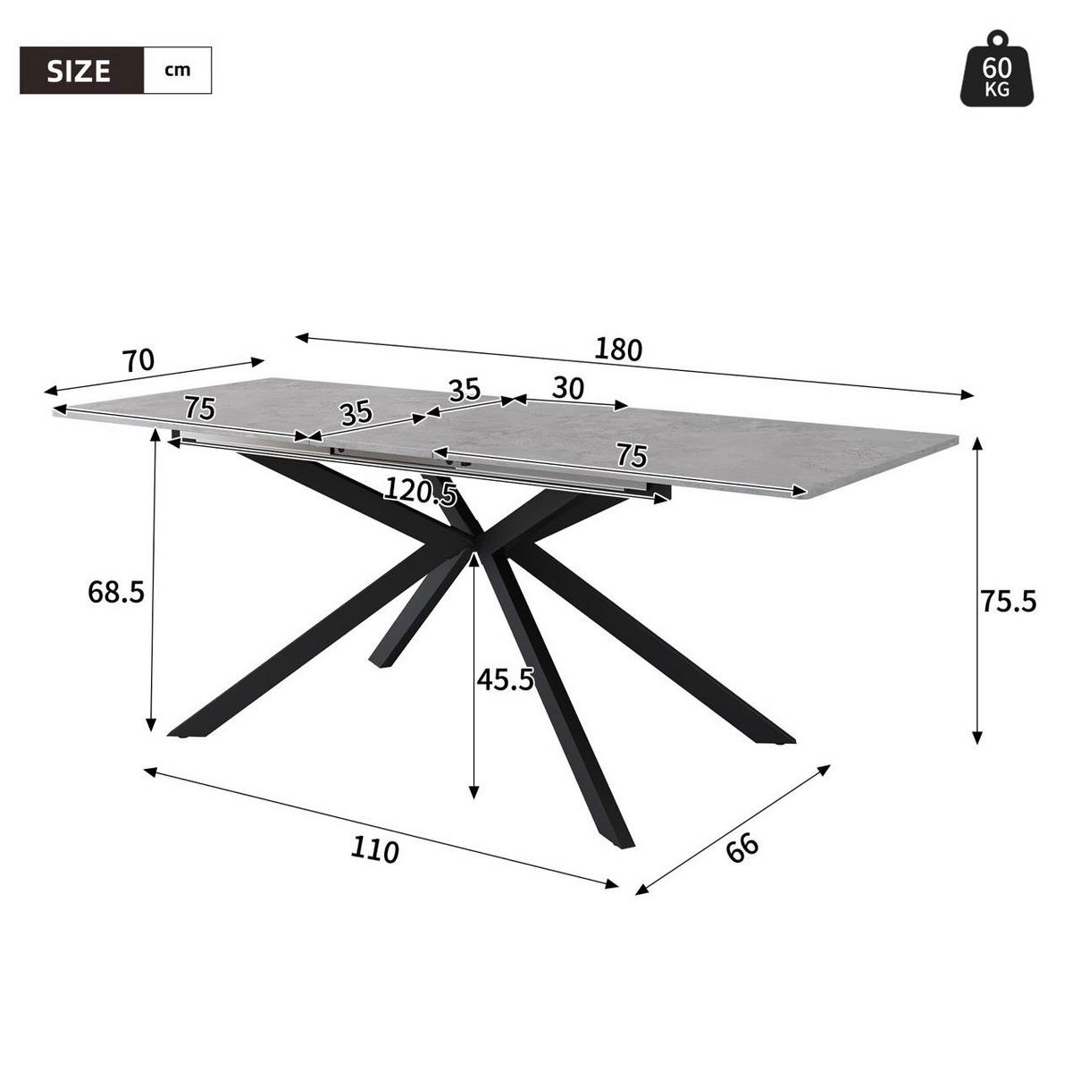ESSTISCH aus MDF und Metall 150/180x70x76 cm Schwarz und Grau erweiterbar mit Kreuzbeingestell und Zementmuster - Grau, Holzwerkstoff (180/70/75.5cm) - Modfu